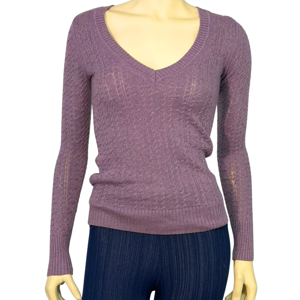 American Eagle Sz S Purple V‑Neck Cable Knit Pullover Sweater Wool Blend Knit